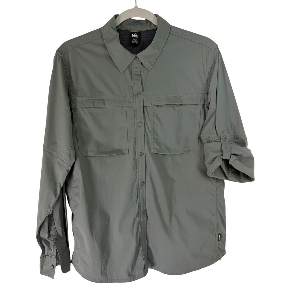 REI Co-op Women's Sahara Large Button Up Long Sleeve Shirt Hiking Green Grey